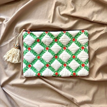 Pochette zippée en coton brodé et velours Phool - Casa Nomade